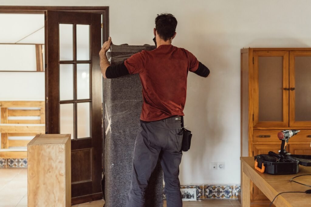 moving worker packing a piece of furniture with a blanket